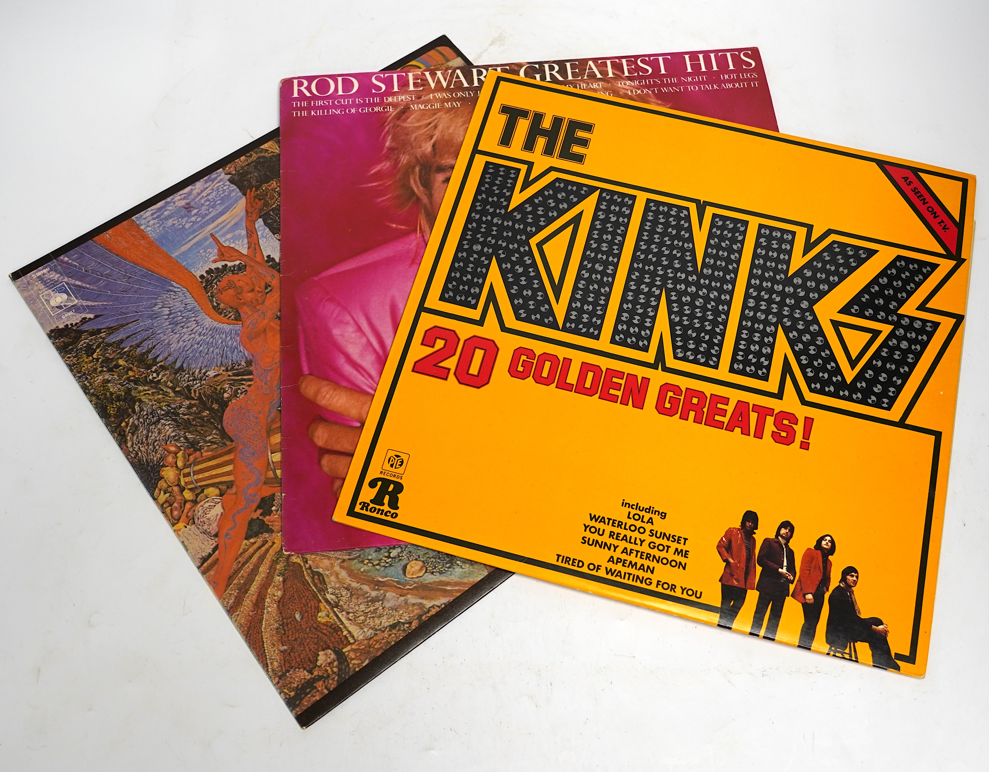 Twenty-six LP record albums, artists including; The Kinks, Rod Stewart, Deep Purple, Santana, Leonard Cohen, The Moody Blues, ELO, Focus, Fleetwood Mac, Rolling Stones, Simon and Garfunkel, etc.
